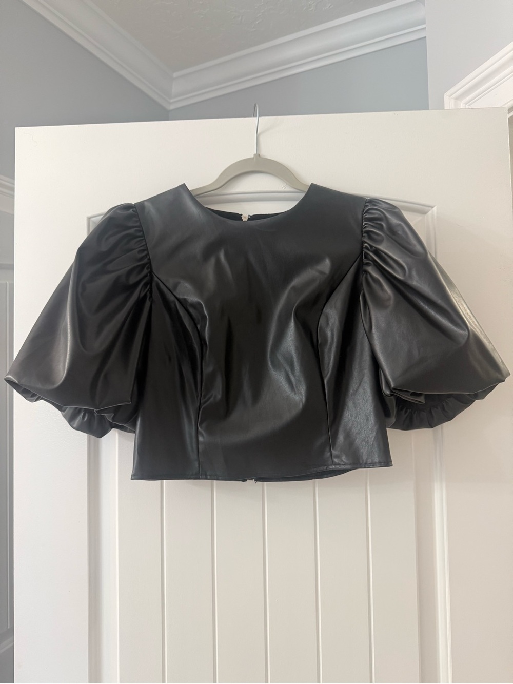 Endless Rose Black Puff-Sleeve Faux Leather Crop Top